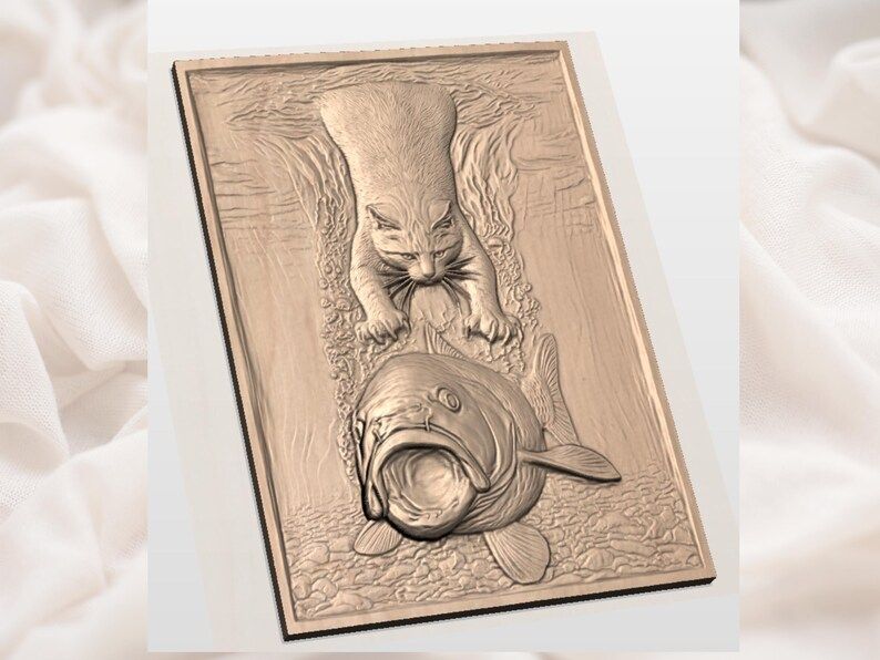 Cat Pawing a Giant Fish 3D Relief STL Wood Carving Panel bas-relief STL — view 3