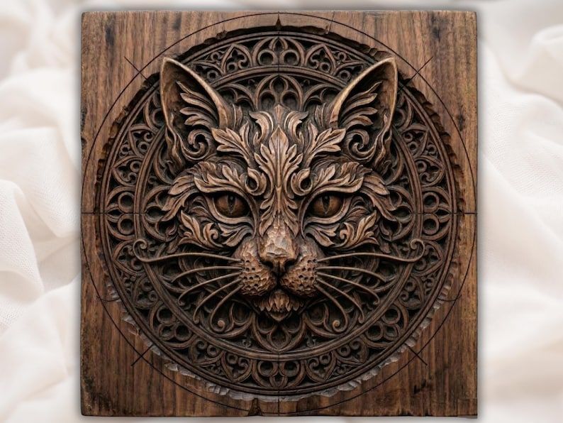 Bas-relief carving of an ornate cat face surrounded by a round filigree mandala in dark wood