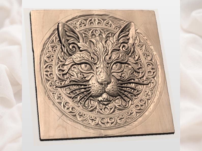 Ornate Cat Face Mandala Bas-Relief STL for CNC and 3D Printing bas-relief STL — view 2