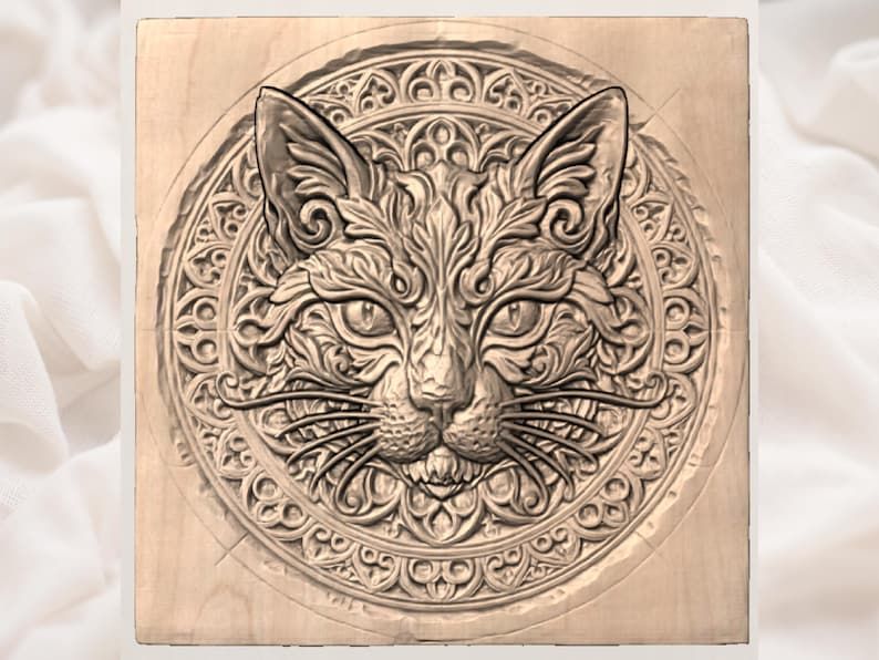 Ornate Cat Face Mandala Bas-Relief STL for CNC and 3D Printing bas-relief STL — view 3