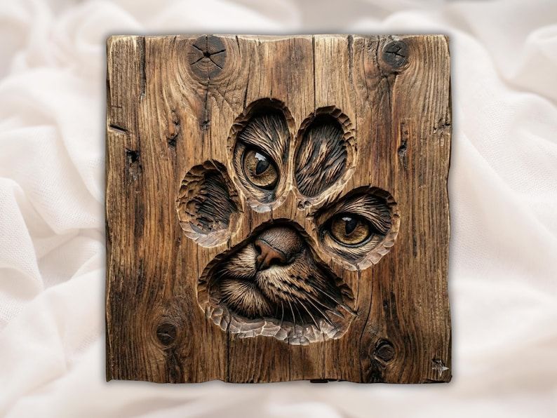 Wood bas-relief carving of a cat paw print with a hidden kitty face, eyes, nose and whiskers inside.