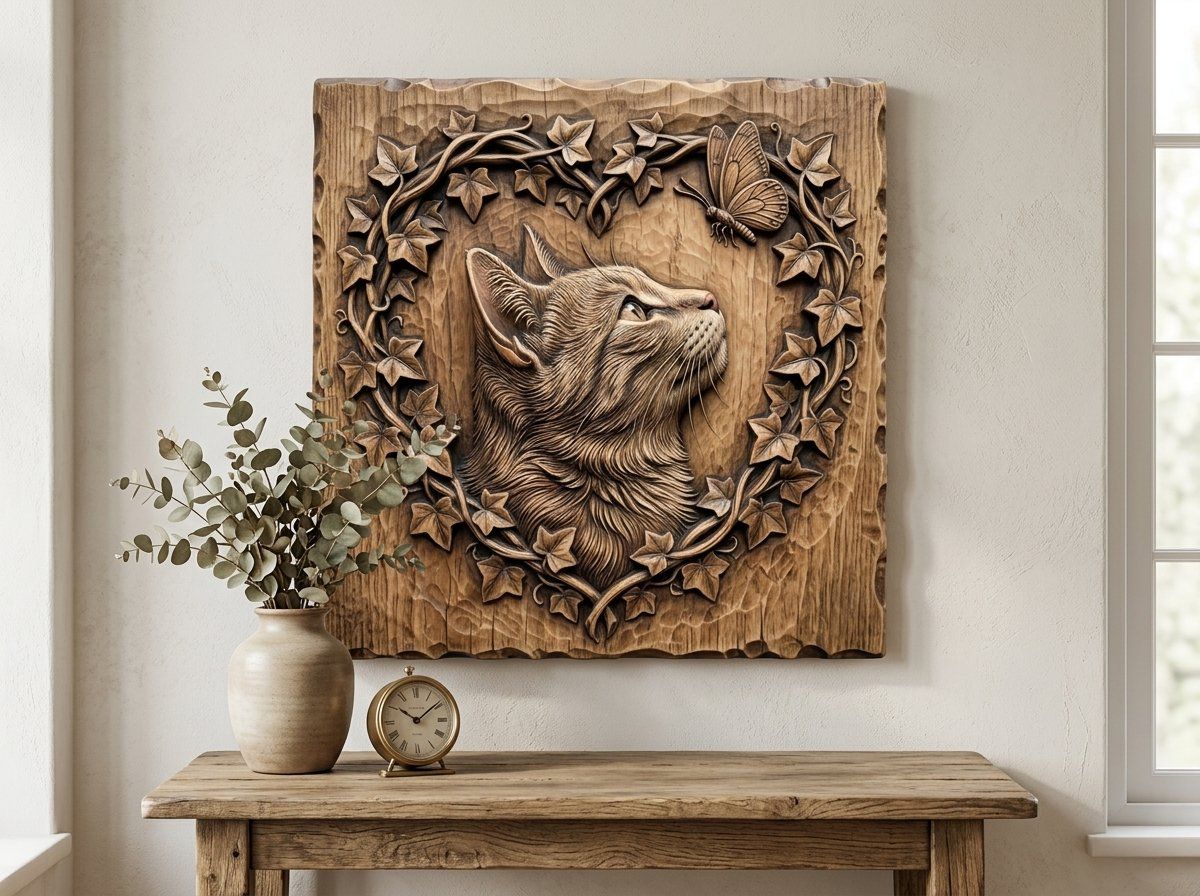 Cat Profile with Butterfly CNC Relief STL bas-relief STL — view 13