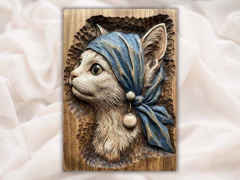 Wood-carved bas-relief of a cat wearing a blue headscarf with a pearl drop, looking over its shoulder.