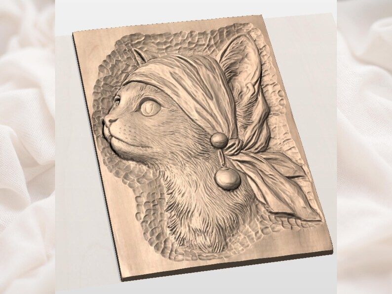 Cat in a Blue Headscarf Bas-Relief STL, Pearl Earring Kitten bas-relief STL — view 2