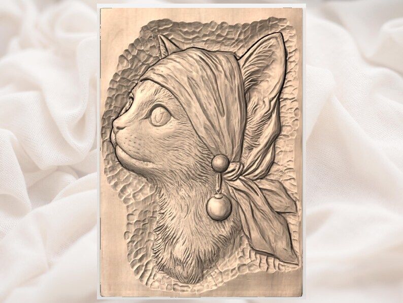 Cat in a Blue Headscarf Bas-Relief STL, Pearl Earring Kitten bas-relief STL — view 3