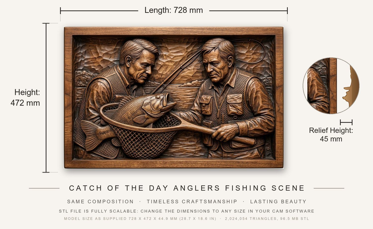 Catch of the Day Anglers Fishing Scene CNC Relief STL bas-relief STL — view 3