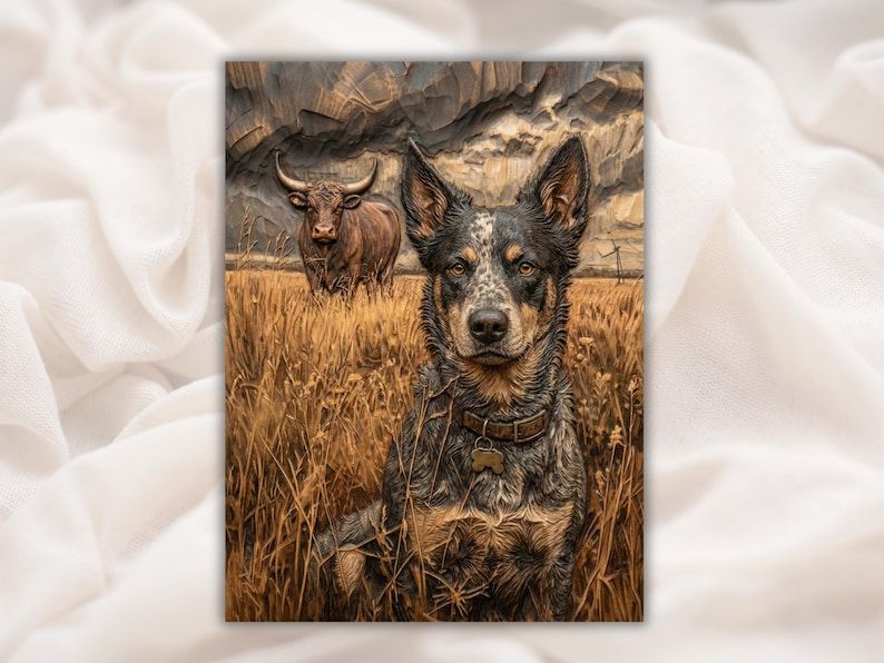 Bas-relief carving of a blue heeler cattle dog sitting in a wheat field with a longhorn bull behind.