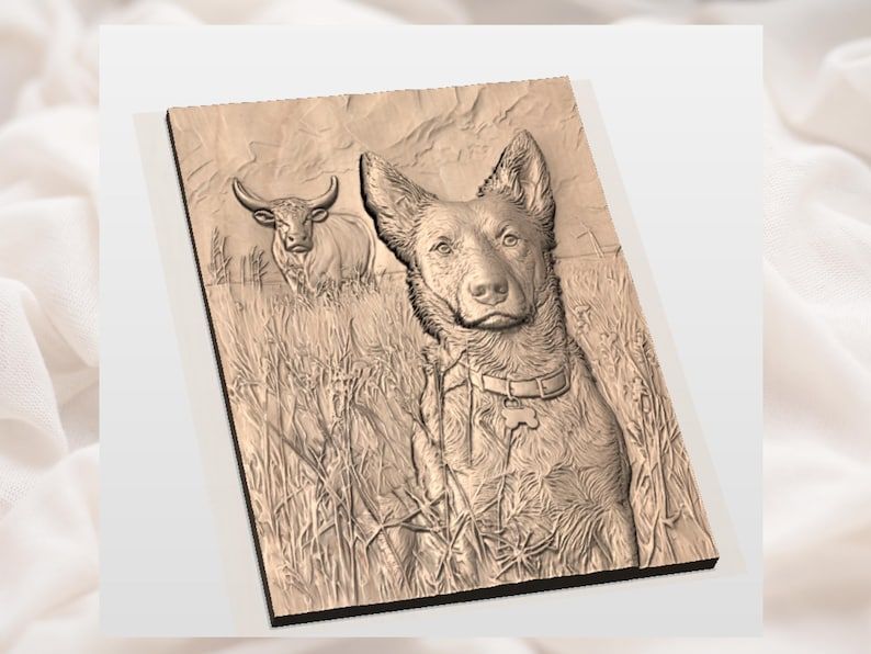 Blue Heeler in the Wheat Field Bas-Relief STL with Watchful Bull bas-relief STL — view 2