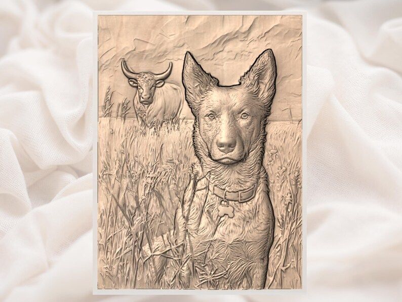 Blue Heeler in the Wheat Field Bas-Relief STL with Watchful Bull bas-relief STL — view 3