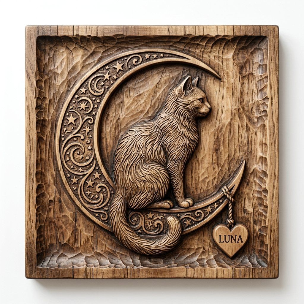 Celestial Cat On Crescent Moon CNC Relief STL | Whimsical Pet Memorial Wall Art | Ornate Moon And Stars Wood Carving Design — carved bas relief STL file for CNC