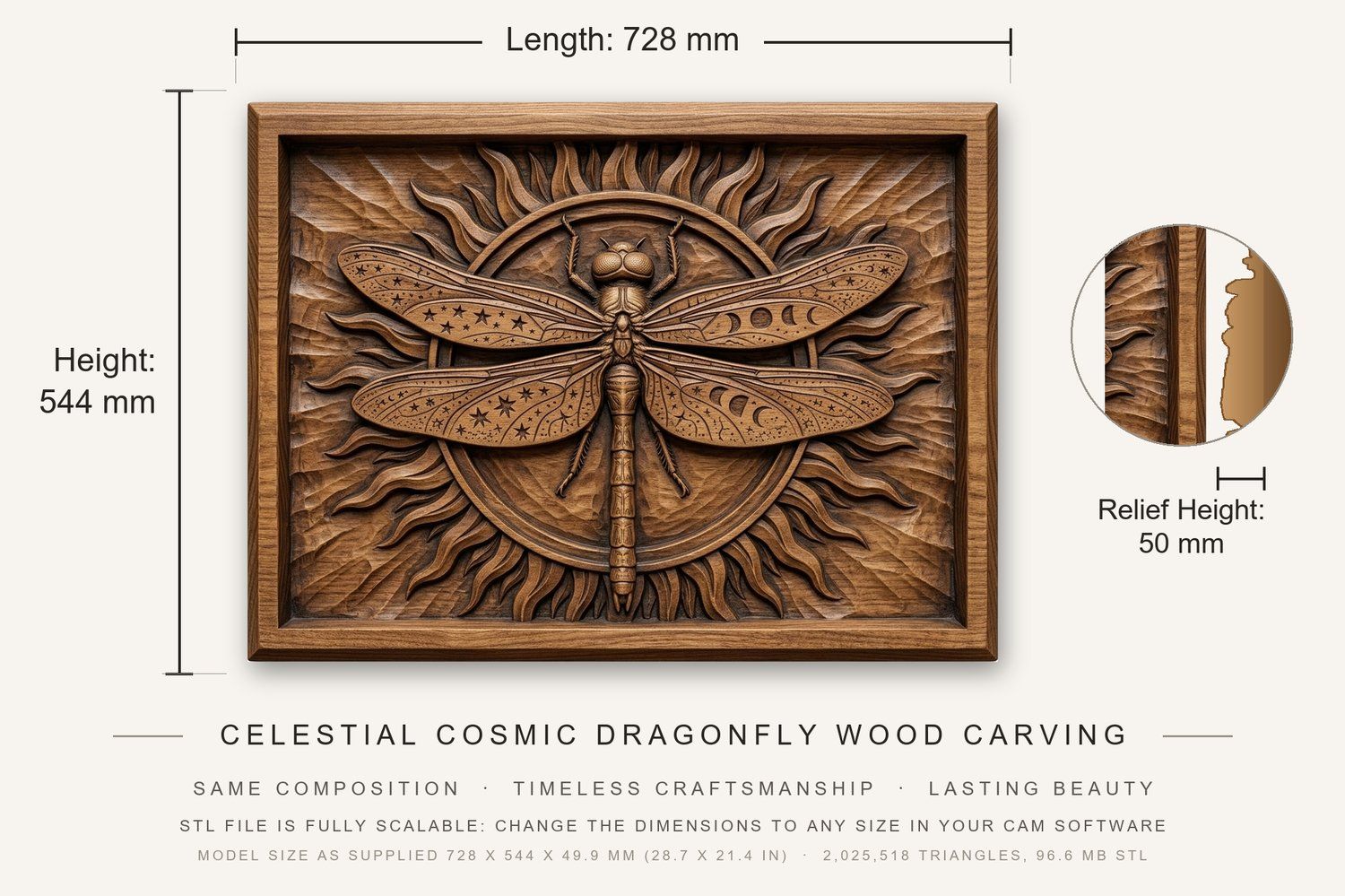 Celestial Cosmic Dragonfly Wood Carving CNC Relief STL bas-relief STL — view 3