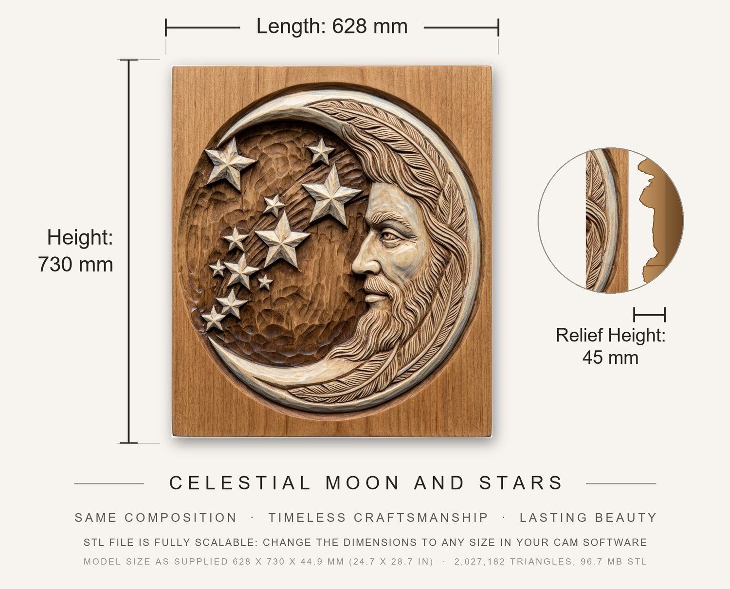 Celestial Moon and Stars CNC Relief STL bas-relief STL — view 3