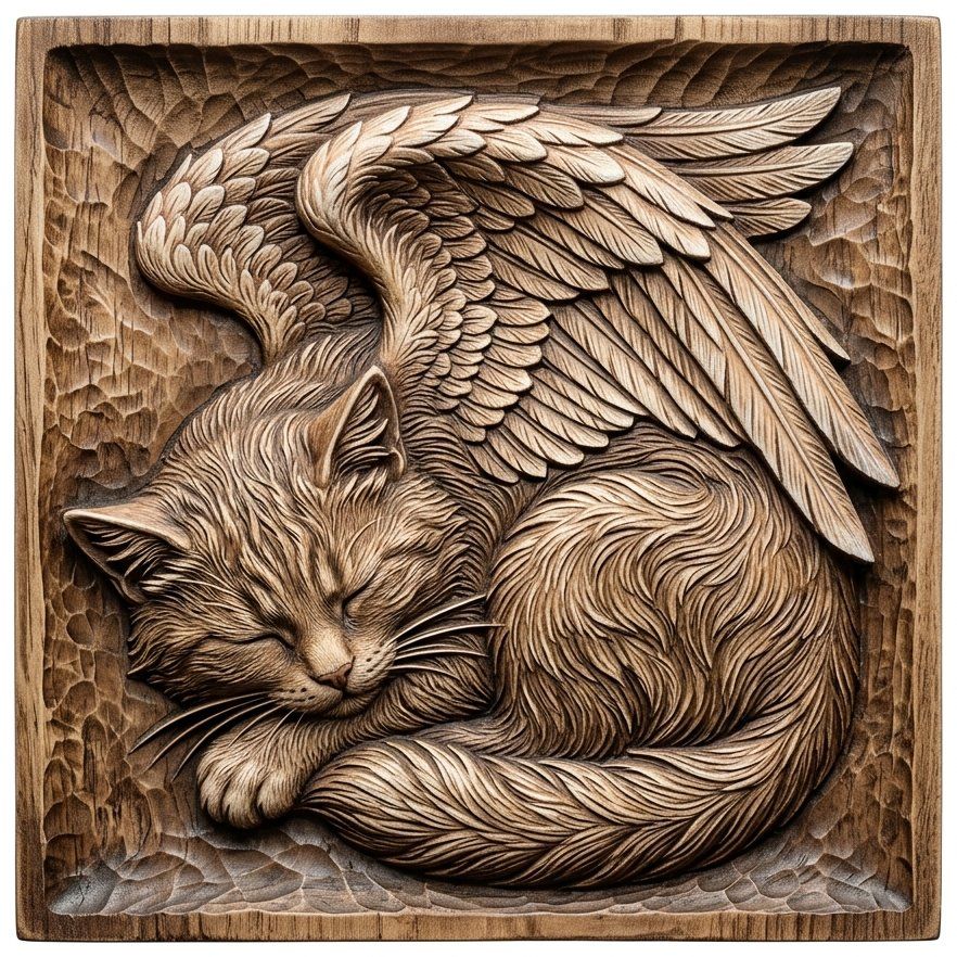 Celestial Sleeping Angel Cat Wall Art | Winged Kitten Memorial Relief Panel | Ethereal Pet Decor | Aspire VCarve Pro Carveco ArtCAM — carved bas relief STL file for CNC