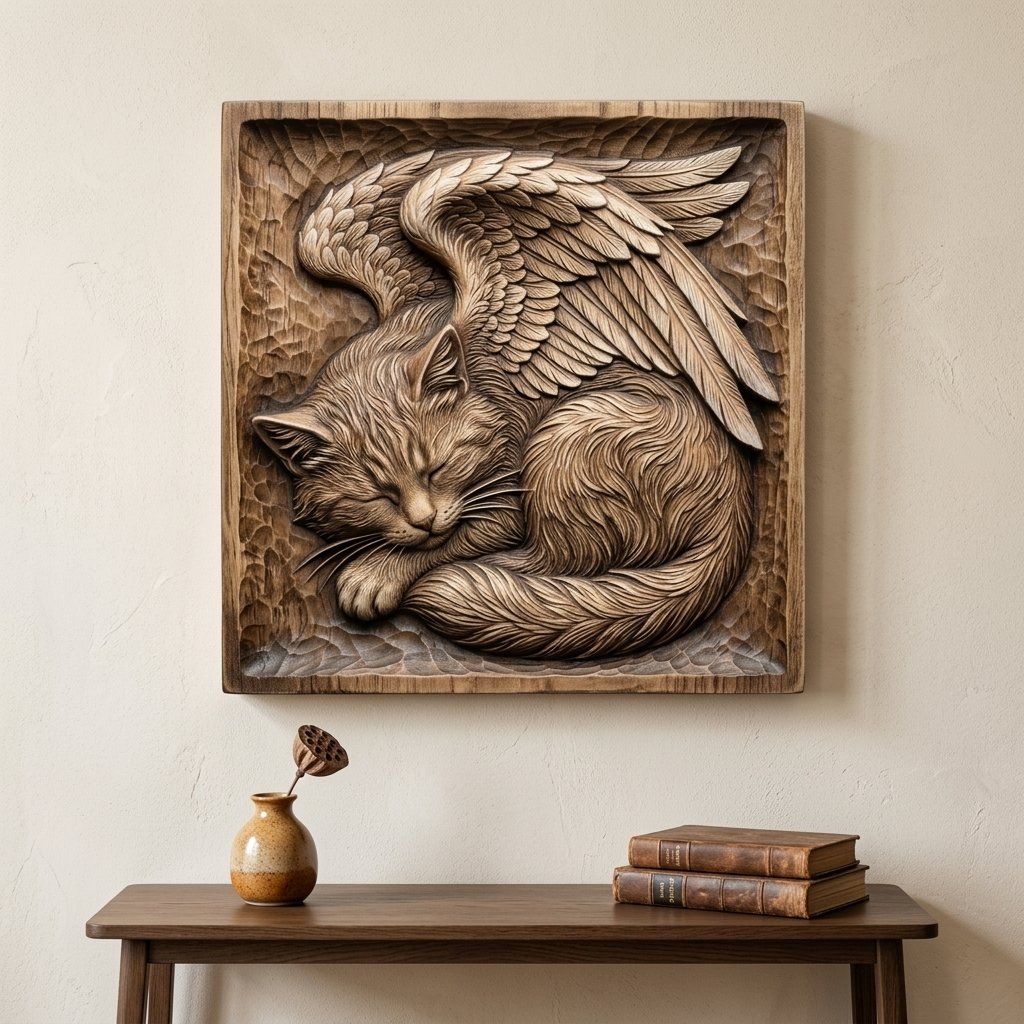 Celestial Sleeping Angel Cat Wall Art bas-relief STL — view 6