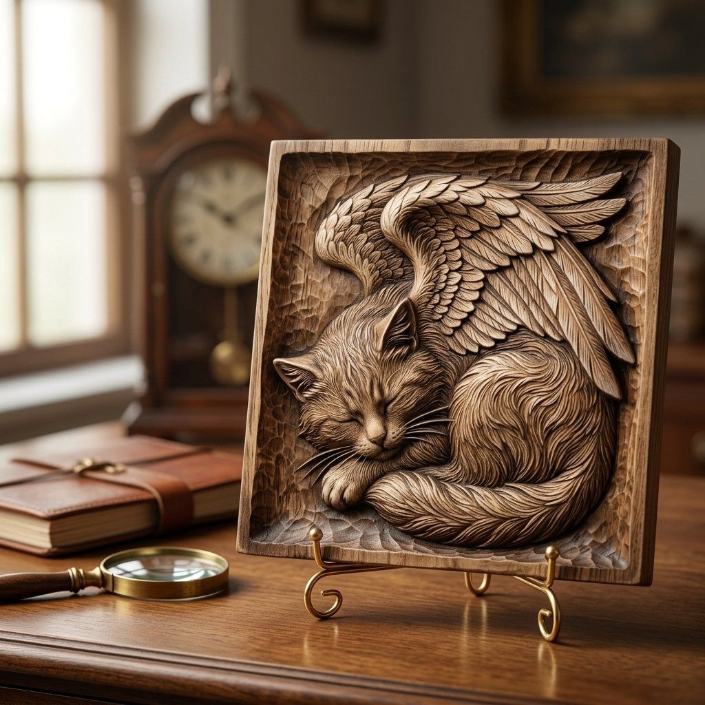 Celestial Sleeping Angel Cat Wall Art bas-relief STL — view 7
