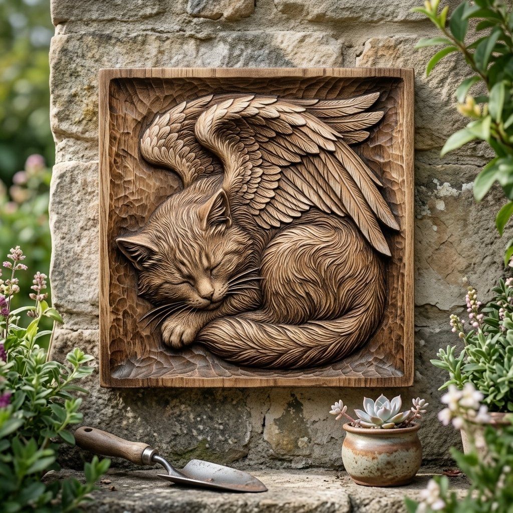 Celestial Sleeping Angel Cat Wall Art bas-relief STL — view 8
