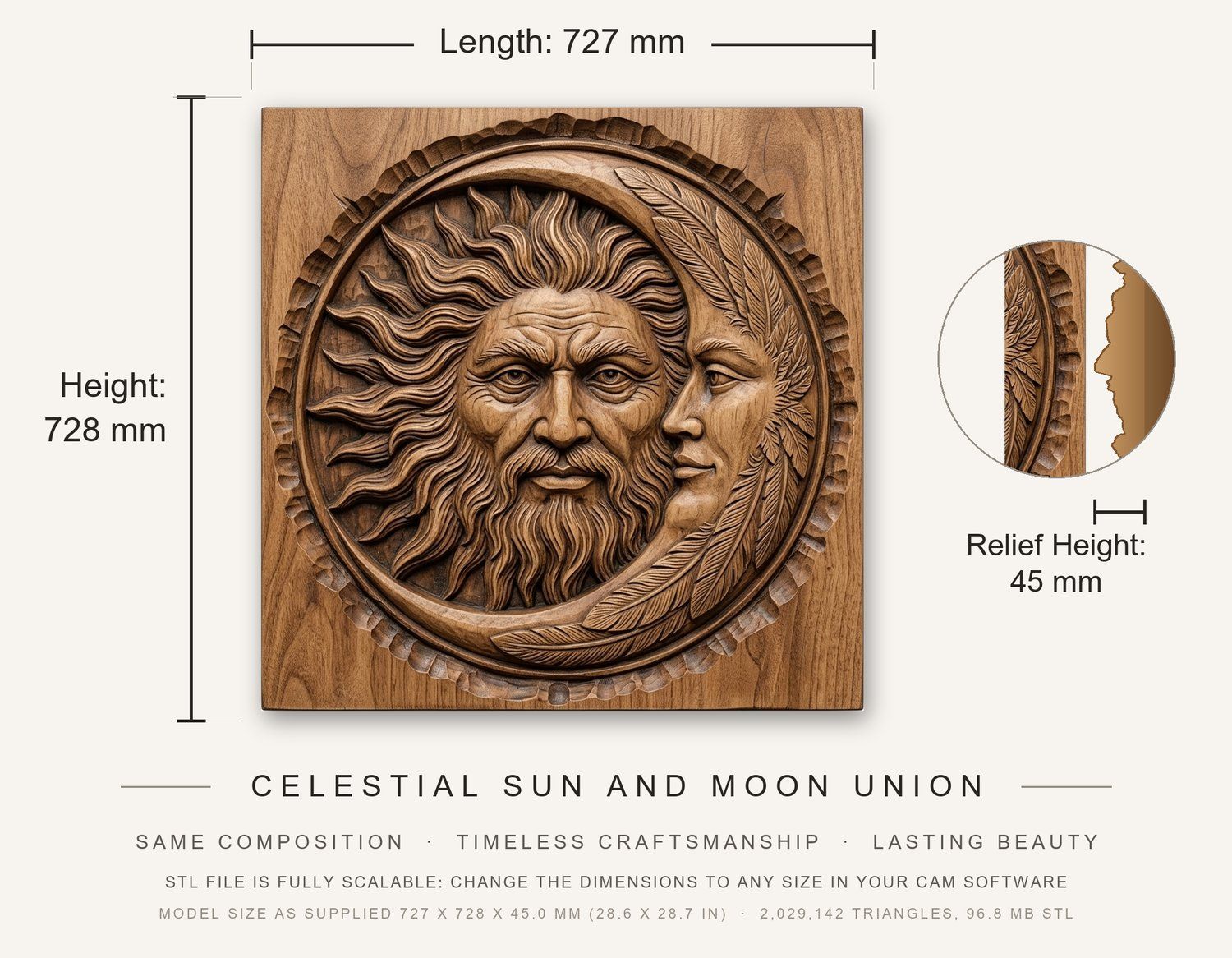 Celestial Sun and Moon Union CNC Relief STL bas-relief STL — view 3