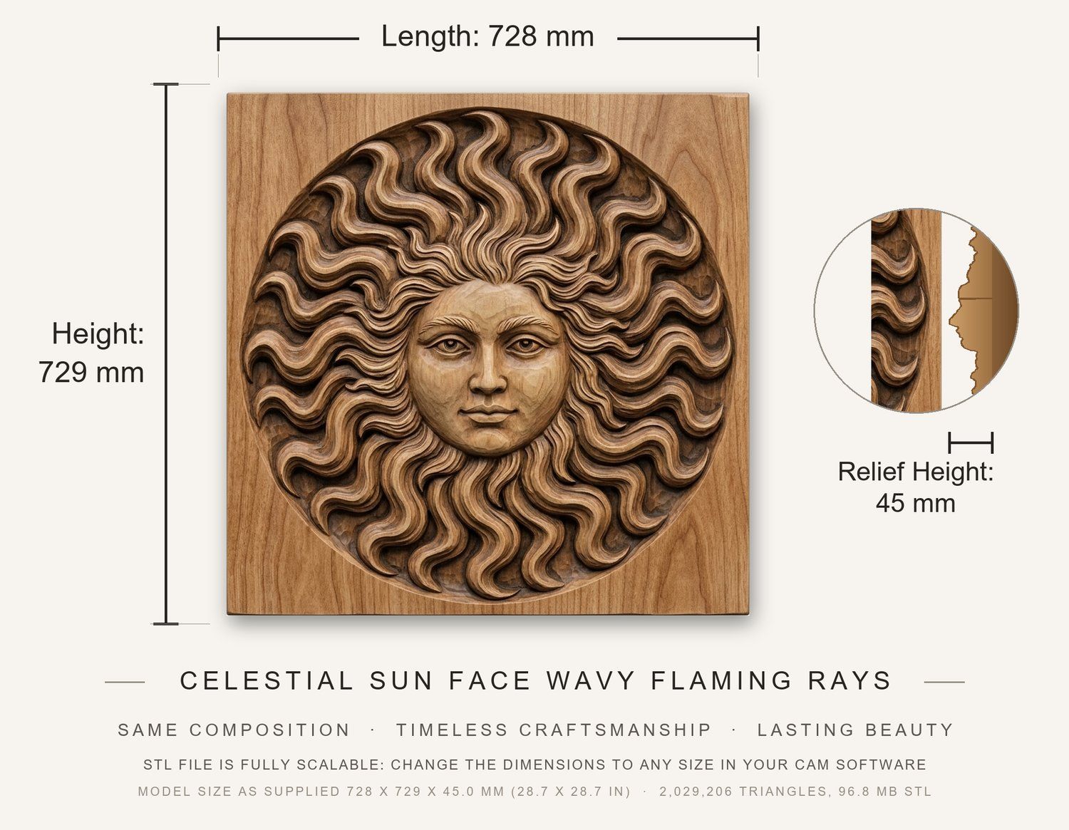 Celestial Sun Face Wavy Flaming Rays CNC Relief STL bas-relief STL — view 3