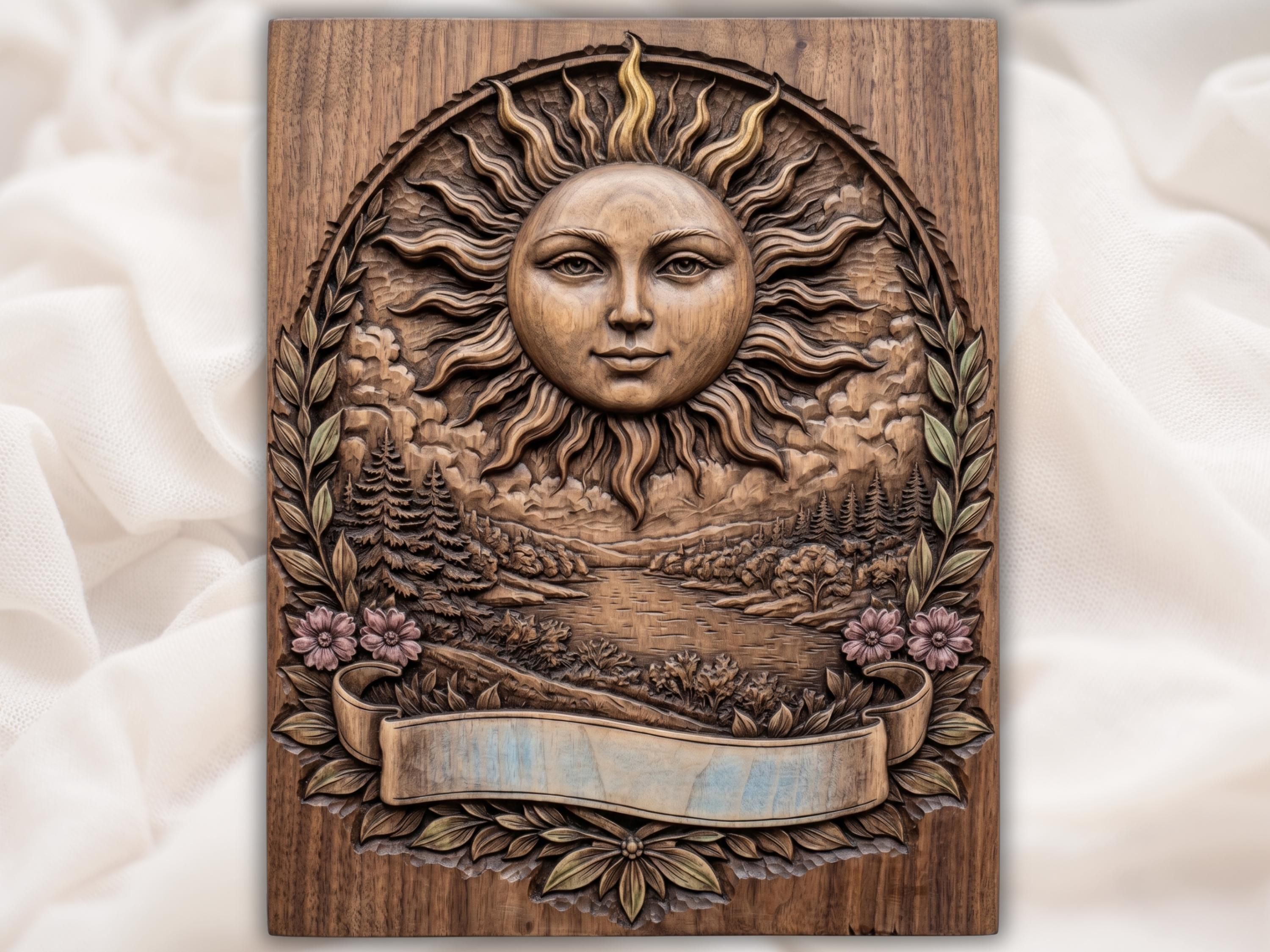Bas-relief carving of a sun with a human face above a mountain lake, pine trees, flowers, and a blank banner.