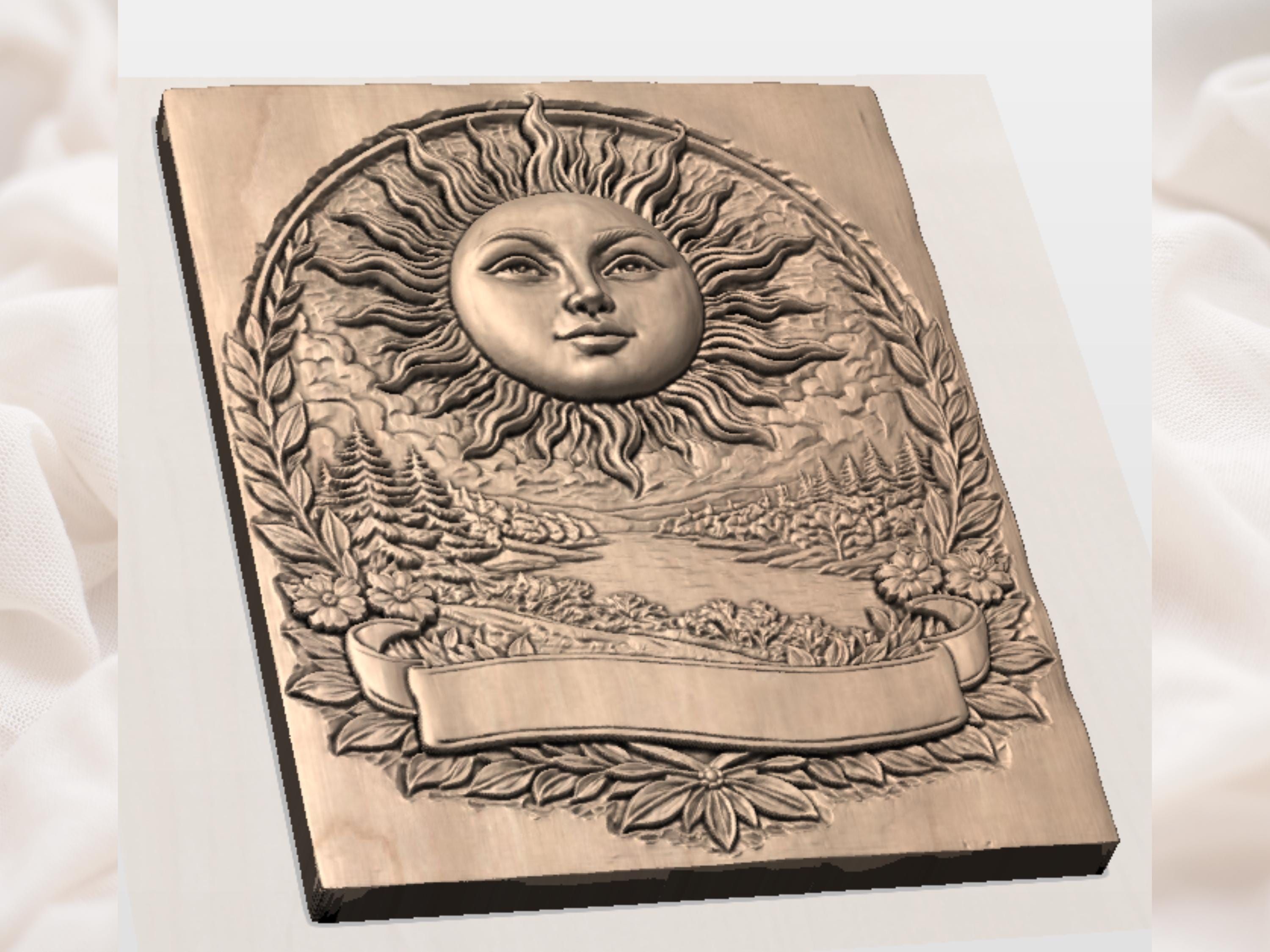 Sun Face Over Mountain Lake Bas-Relief Carving Panel bas-relief STL — view 2