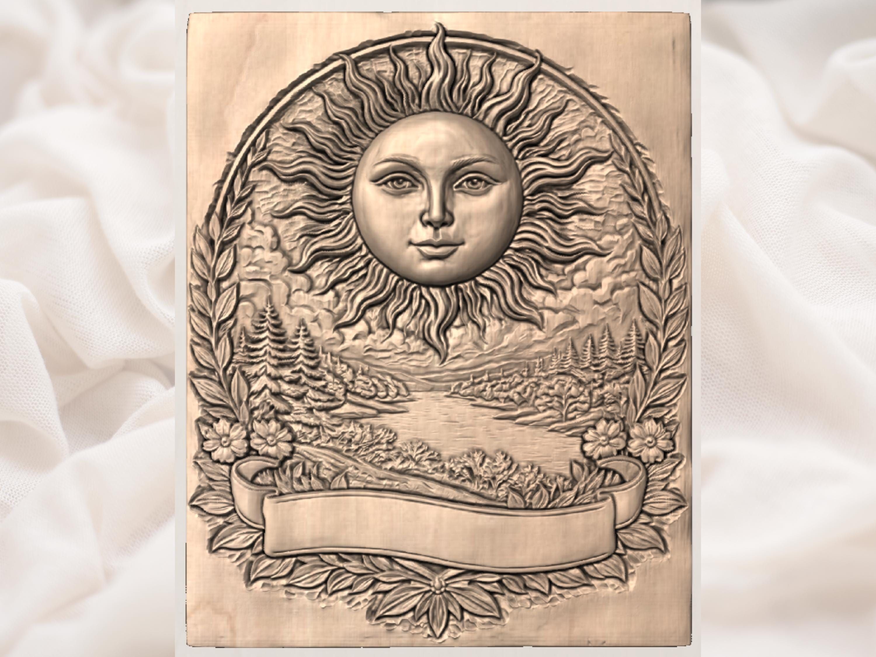 Sun Face Over Mountain Lake Bas-Relief Carving Panel bas-relief STL — view 3
