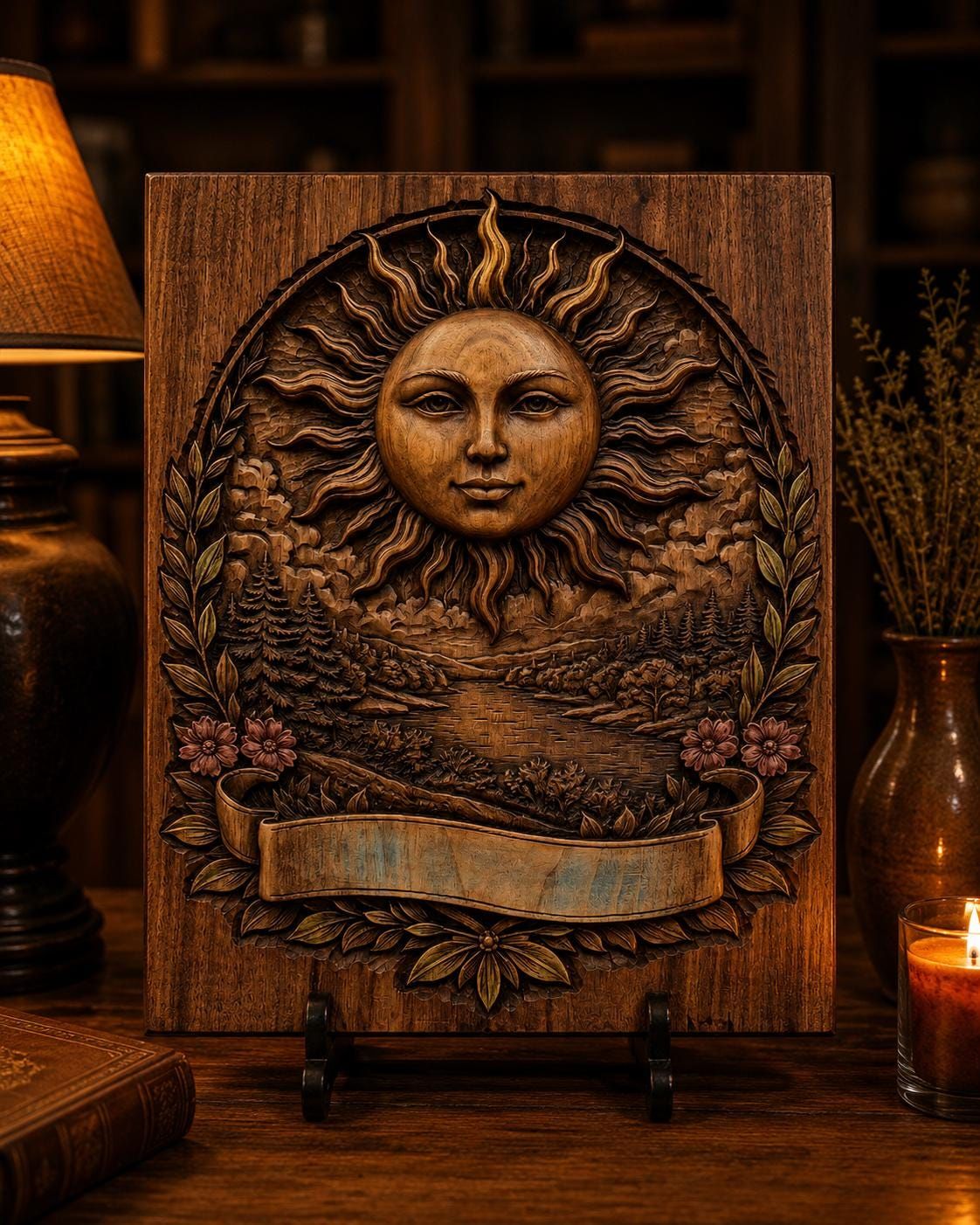 Sun Face Over Mountain Lake Bas-Relief Carving Panel bas-relief STL — view 4