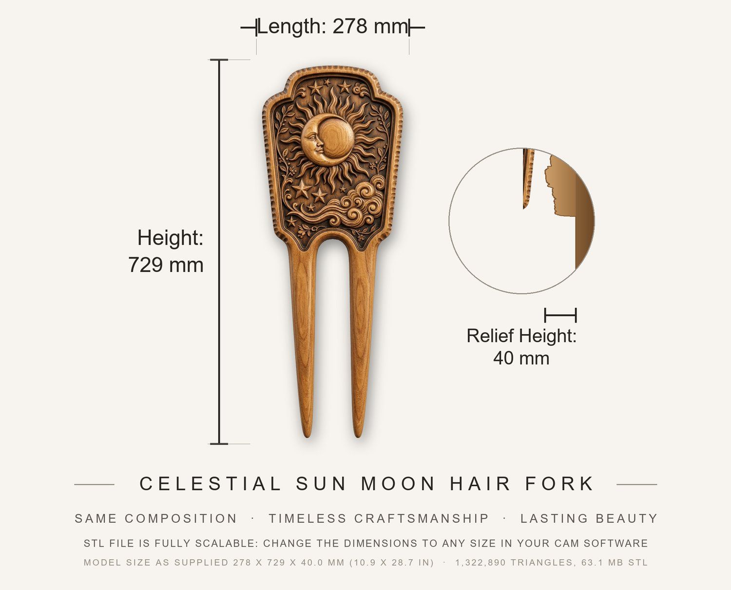 Celestial Sun Moon Hair Fork CNC Relief STL bas-relief STL — view 3