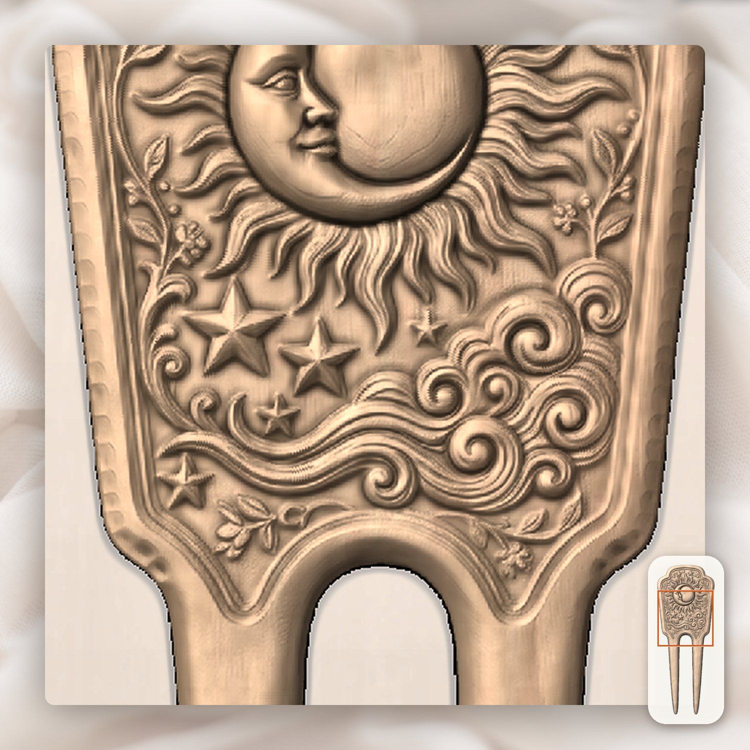 Celestial Sun Moon Hair Fork CNC Relief STL bas-relief STL — view 7