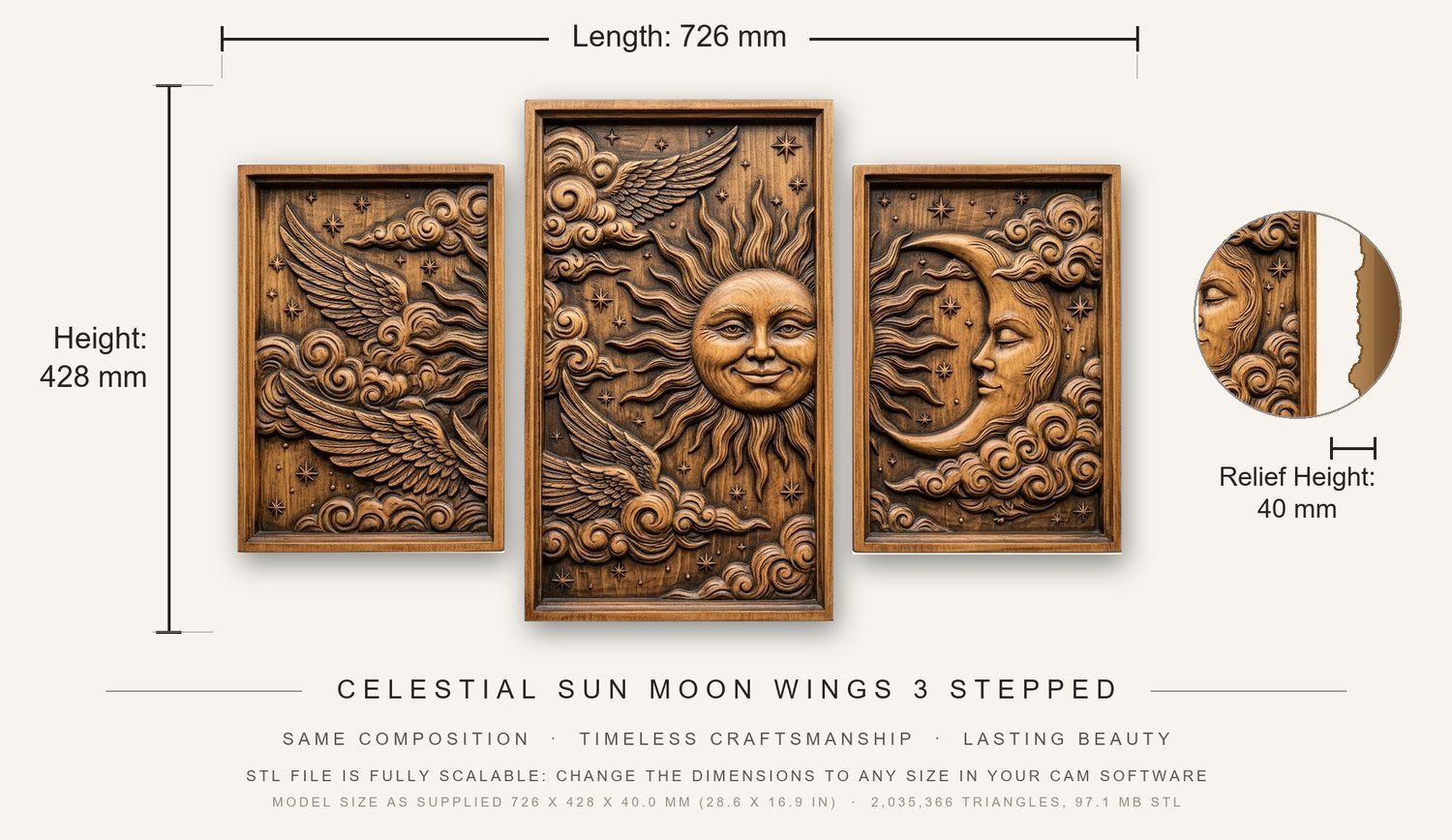 Celestial Sun Moon Wings 3 Stepped Vertical Decor Panels CNC Relief STL bas-relief STL — view 3