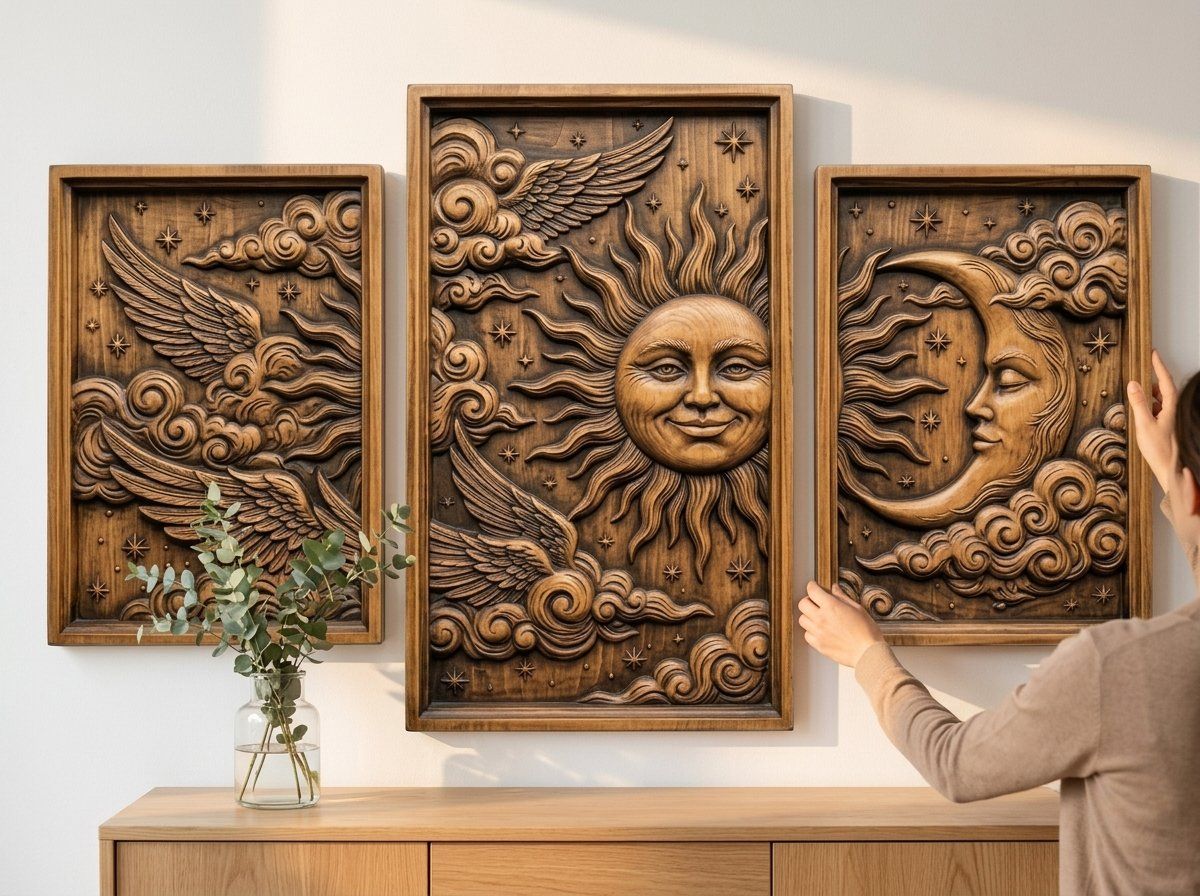 Celestial Sun Moon Wings 3 Stepped Vertical Decor Panels CNC Relief STL bas-relief STL — view 11