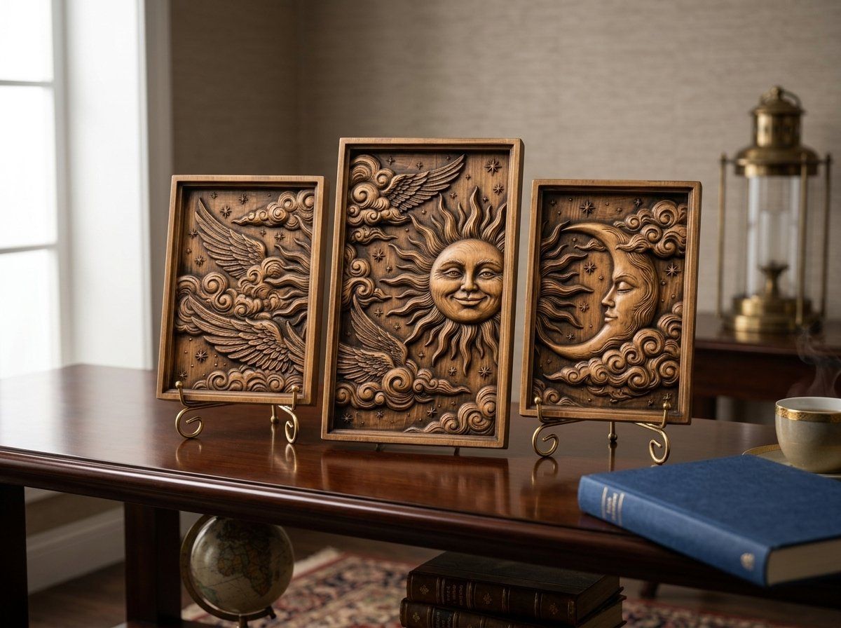 Celestial Sun Moon Wings 3 Stepped Vertical Decor Panels CNC Relief STL bas-relief STL — view 12