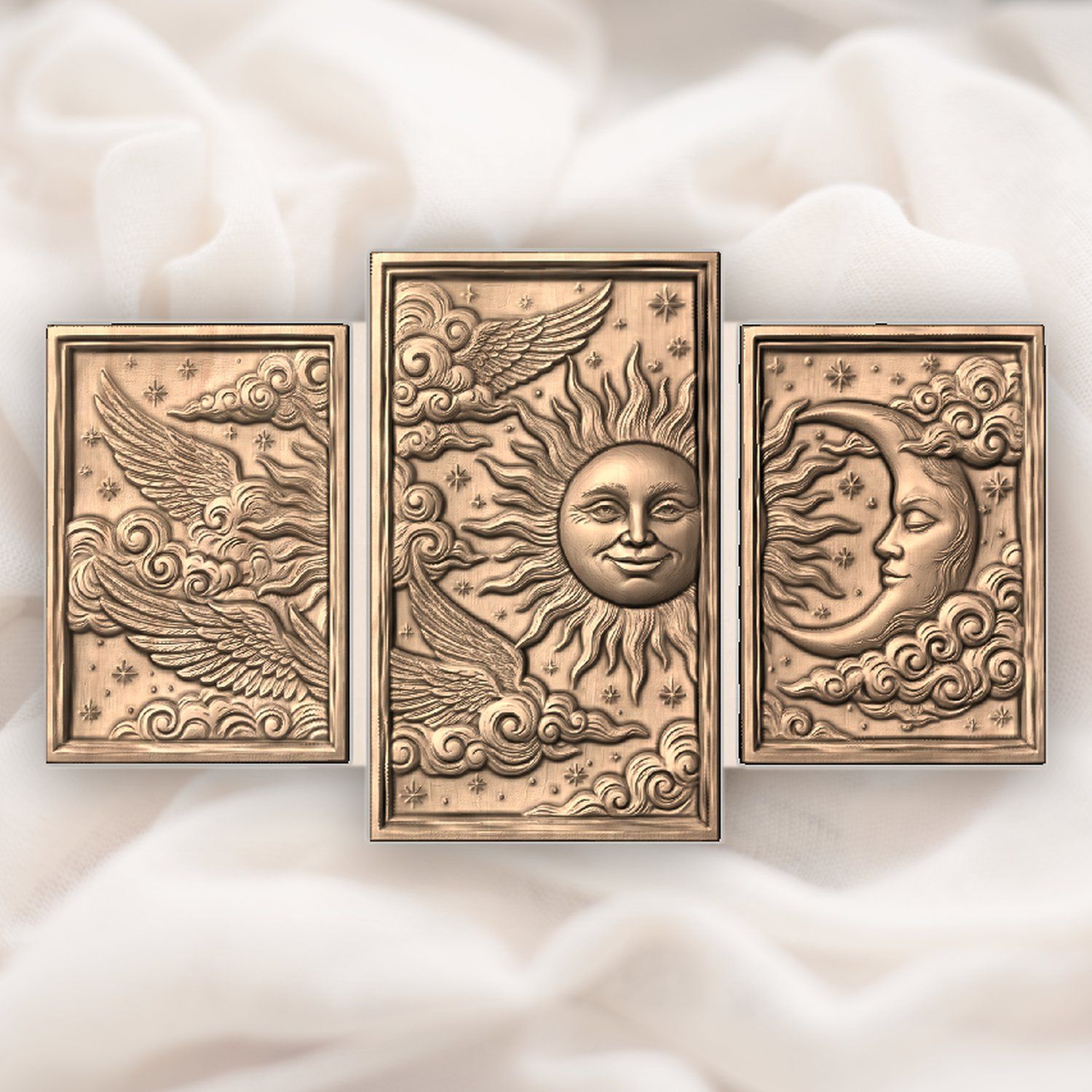 Celestial Sun Moon Wings 3 Stepped Vertical Decor Panels CNC Relief STL bas-relief STL — view 4