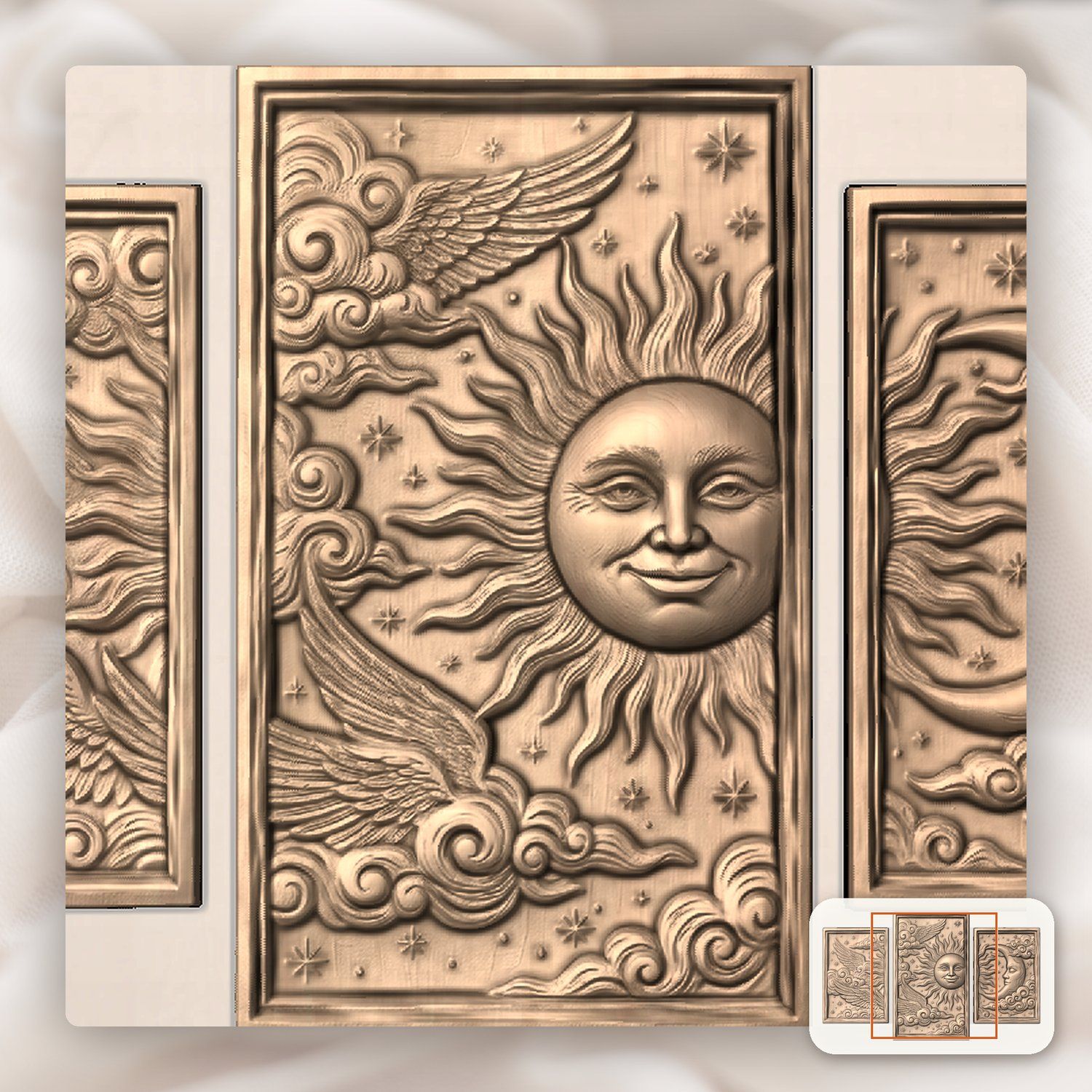 Celestial Sun Moon Wings 3 Stepped Vertical Decor Panels CNC Relief STL bas-relief STL — view 6