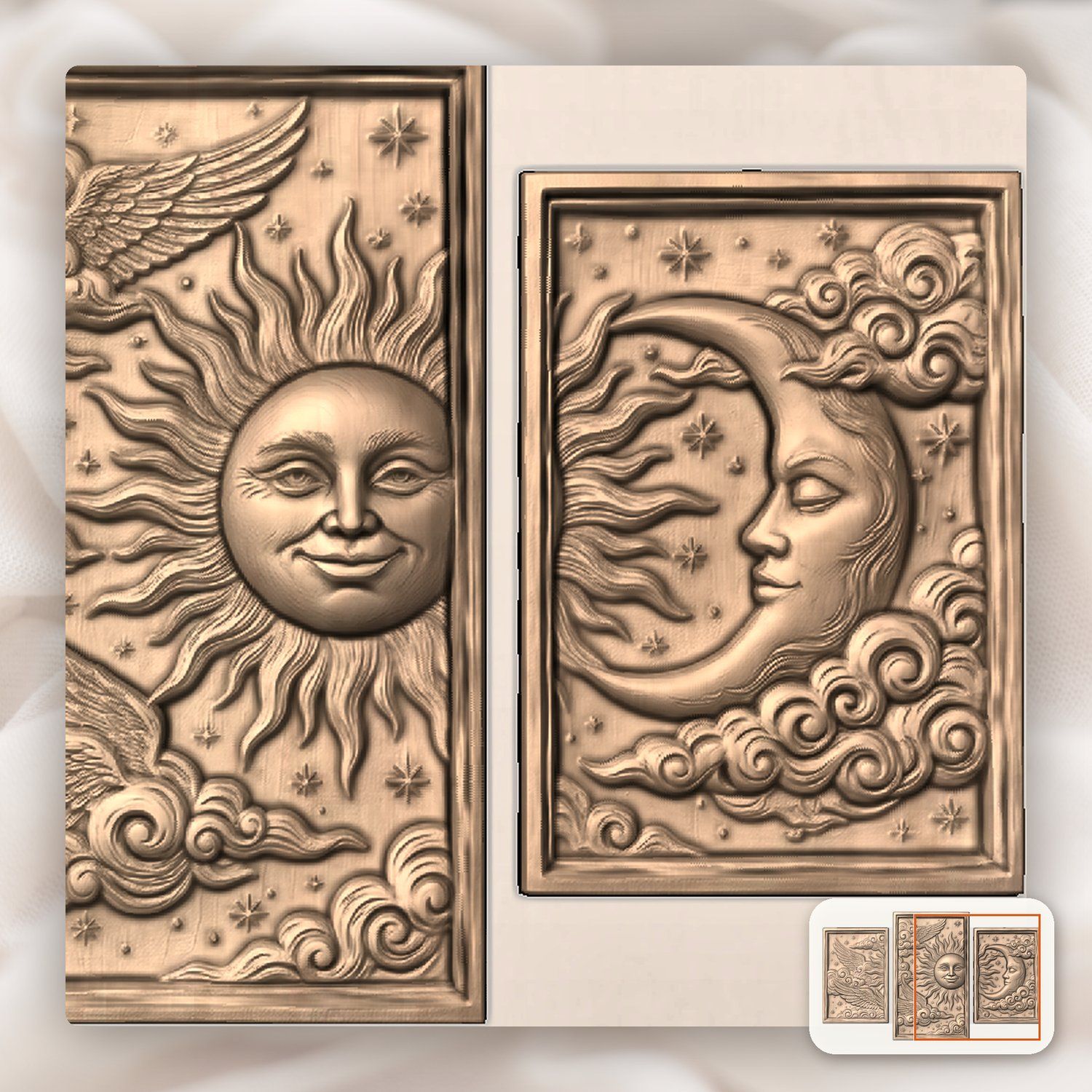 Celestial Sun Moon Wings 3 Stepped Vertical Decor Panels CNC Relief STL bas-relief STL — view 8