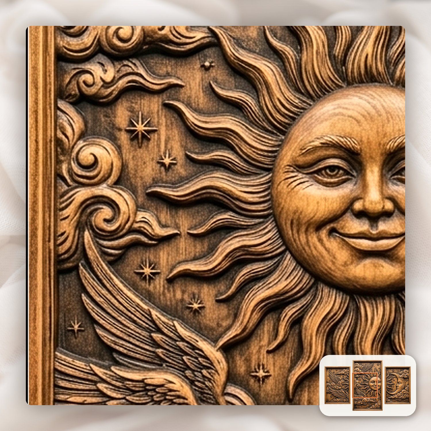 Celestial Sun Moon Wings 3 Stepped Vertical Decor Panels CNC Relief STL bas-relief STL — view 9