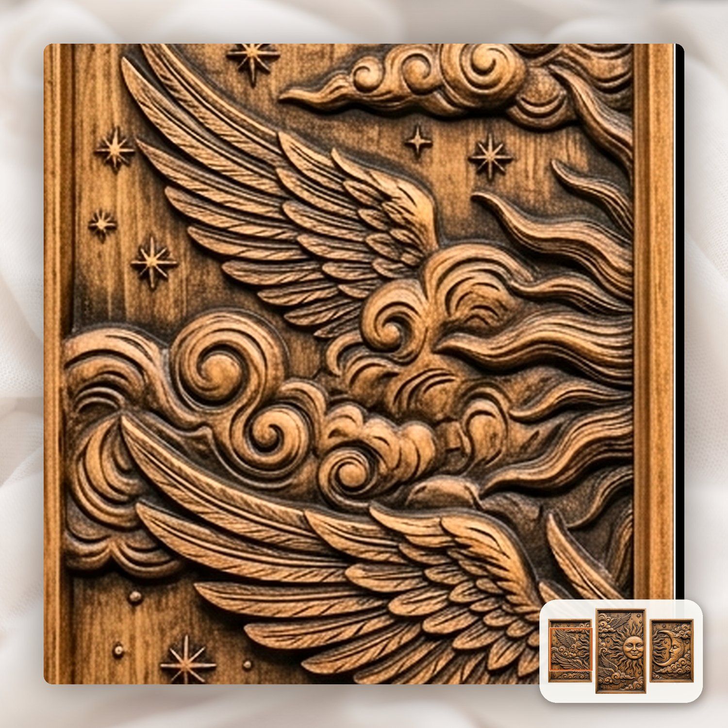 Celestial Sun Moon Wings 3 Stepped Vertical Decor Panels CNC Relief STL bas-relief STL — view 10