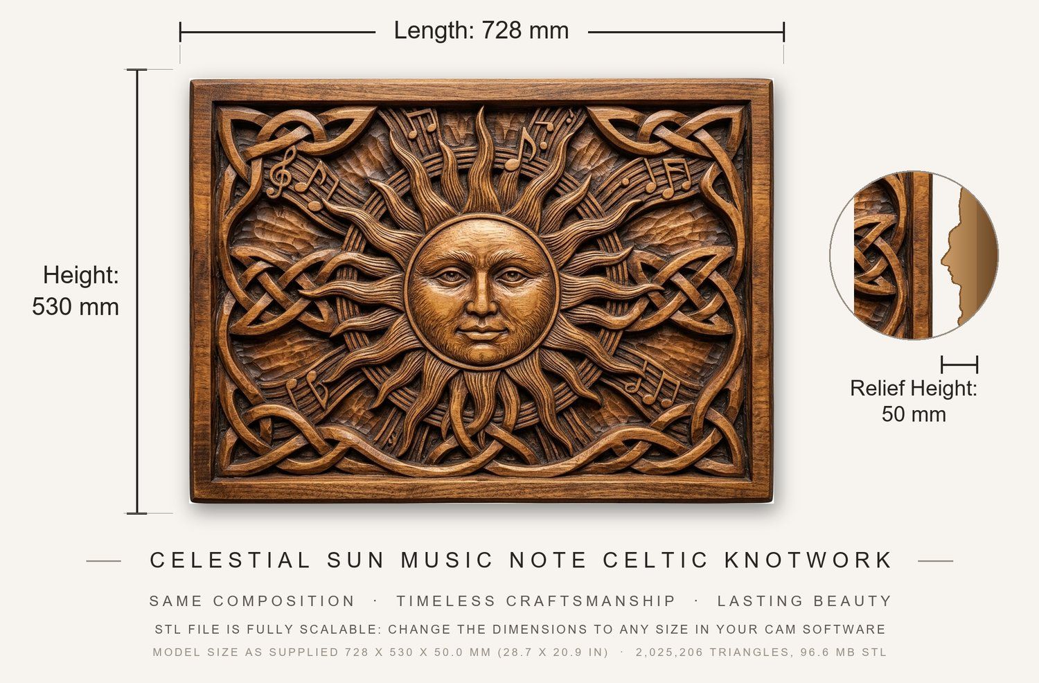 Celestial Sun Music Note Celtic Knotwork CNC Relief STL bas-relief STL — view 3
