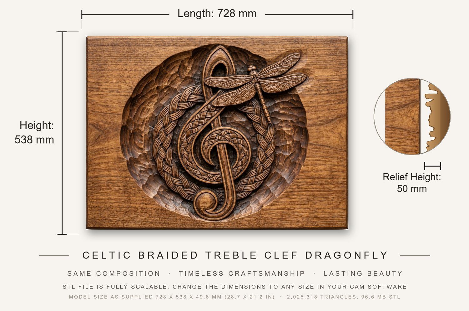Celtic Braided Treble Clef Dragonfly CNC Relief STL bas-relief STL — view 3