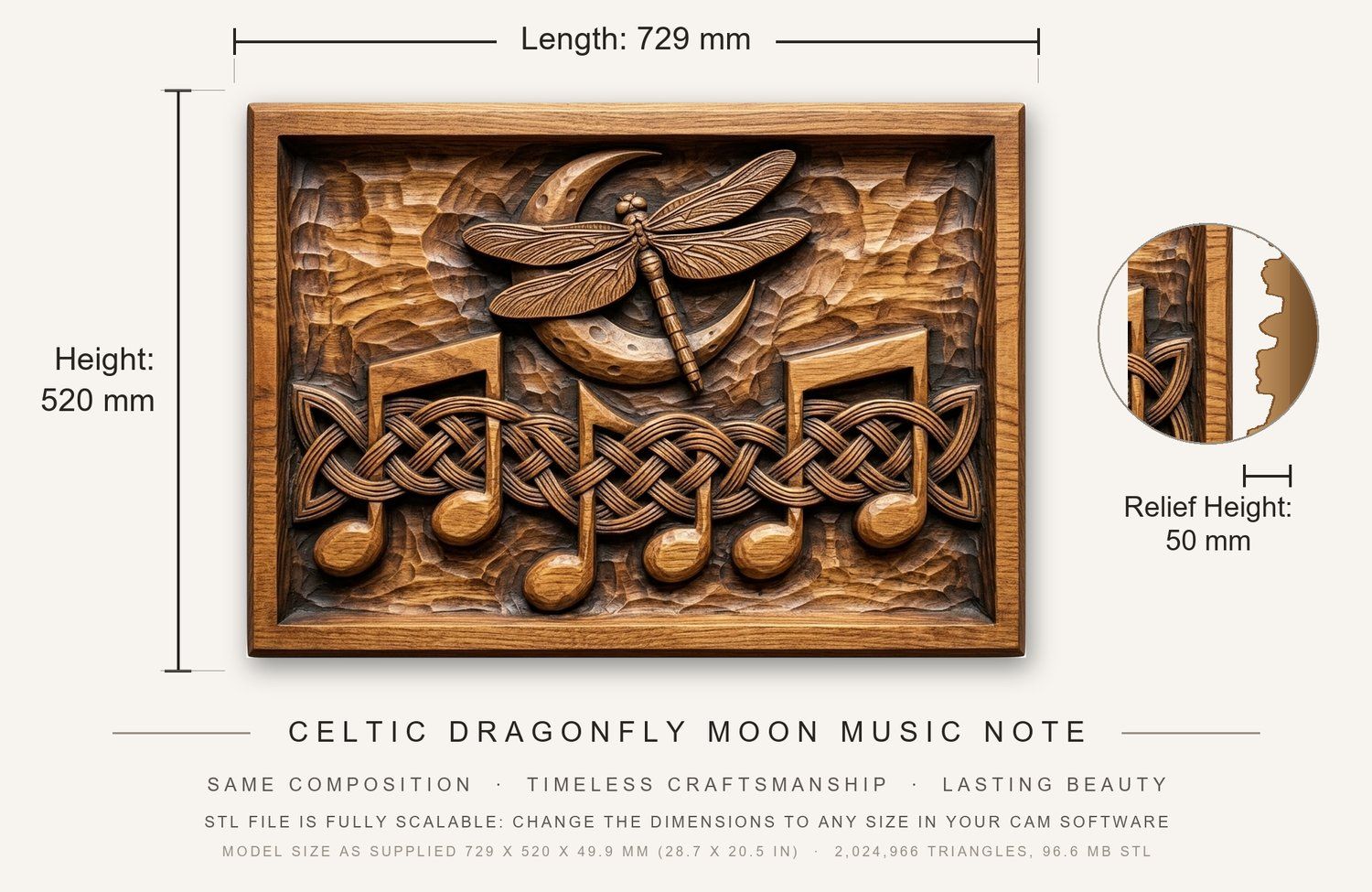 Celtic Dragonfly Moon Music Note CNC Relief STL bas-relief STL — view 3