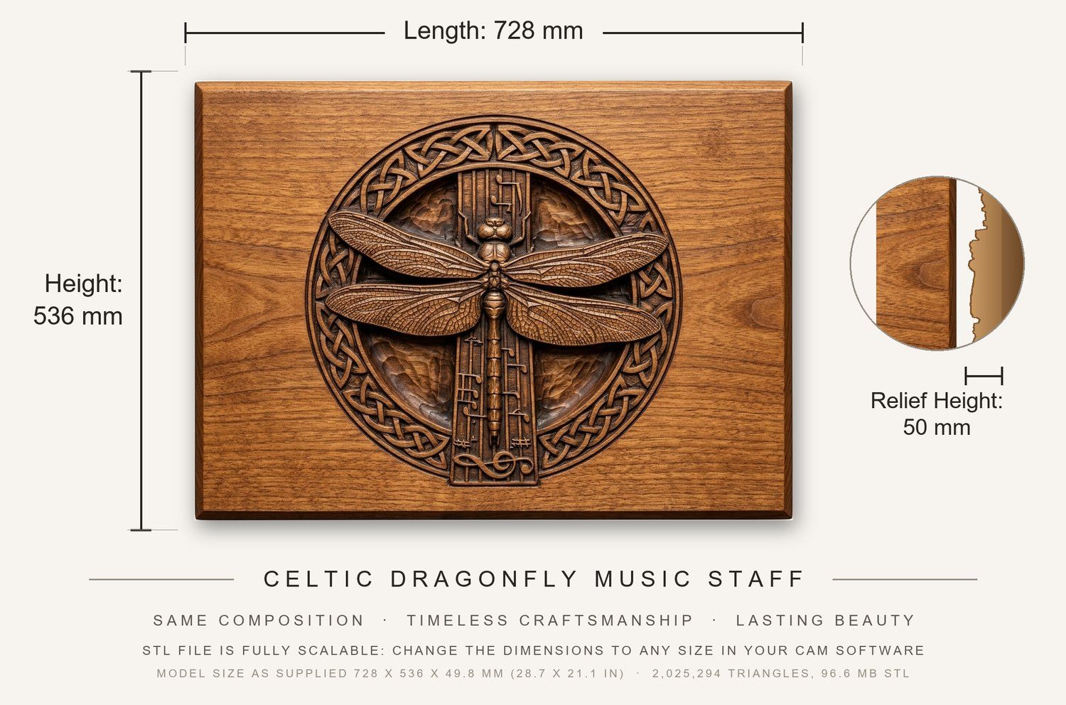 Celtic Dragonfly Music Staff CNC Relief STL bas-relief STL — view 3