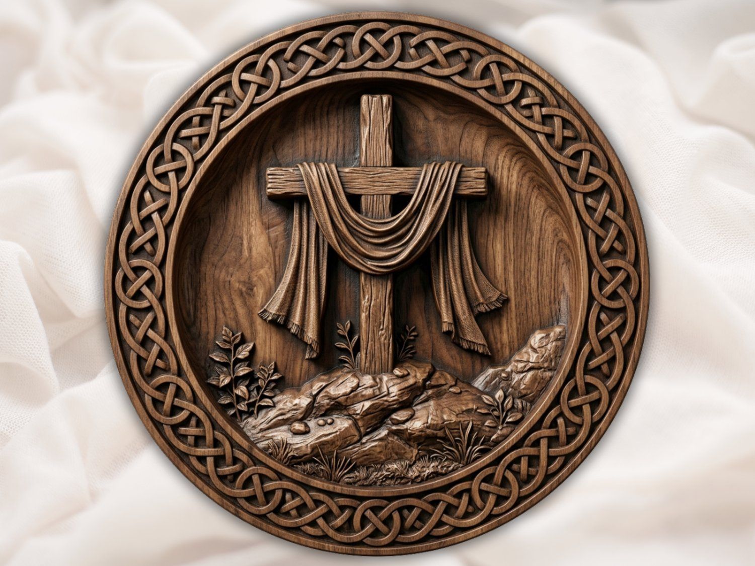 Celtic Knotwork Religious Cross Wood Carving Panel | Sacred Wall Art Design | Decorative Relief For VCarve Pro Aspire Carveco ArtCAM — carved bas relief STL file for CNC