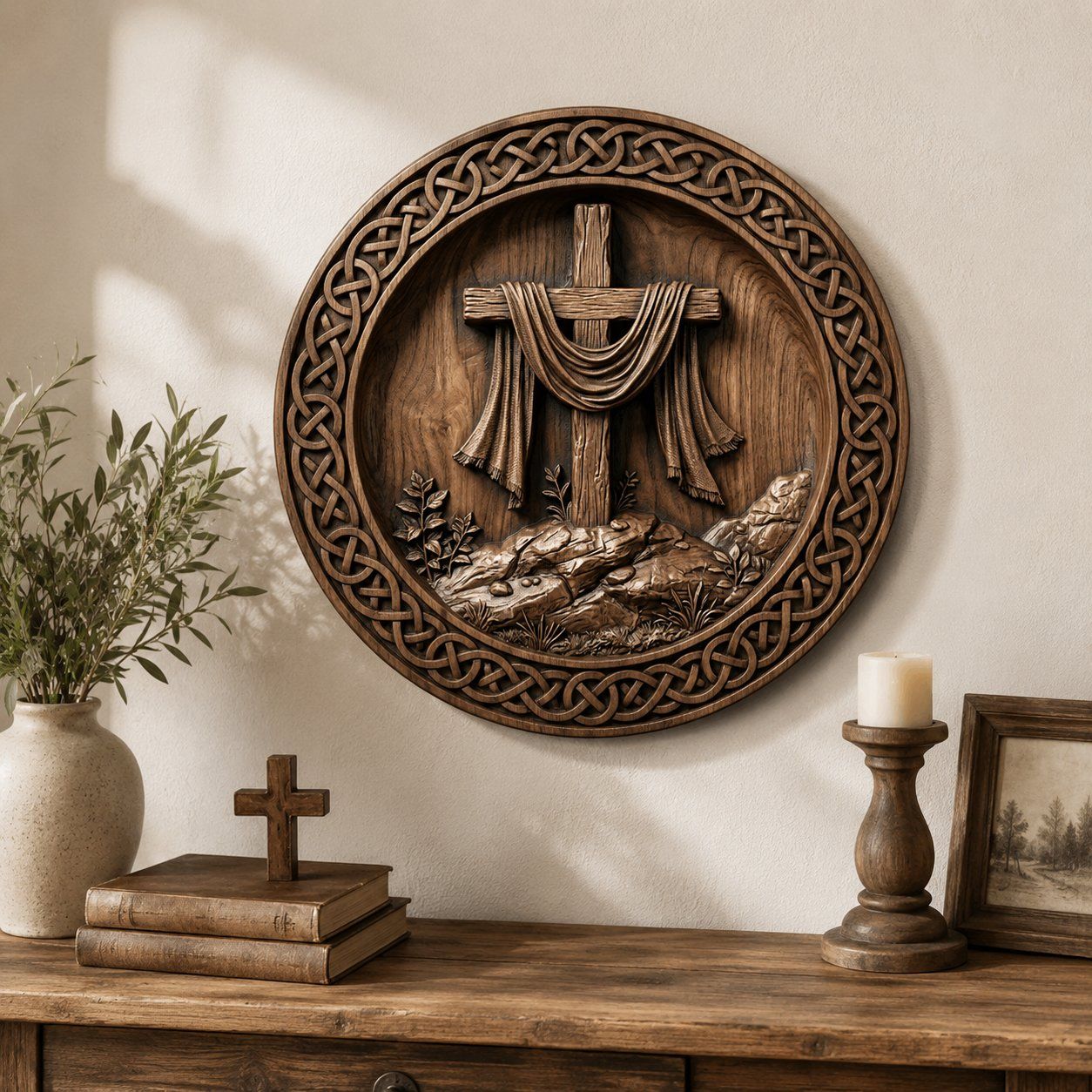 Celtic Knotwork Religious Cross Wood Carving Panel bas-relief STL — view 4