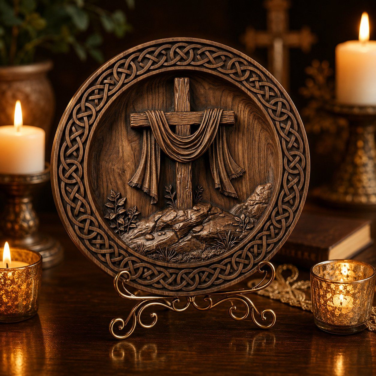 Celtic Knotwork Religious Cross Wood Carving Panel bas-relief STL — view 5