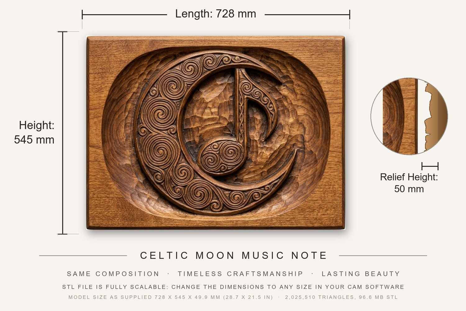 Celtic Moon Music Note CNC Relief STL bas-relief STL — view 3