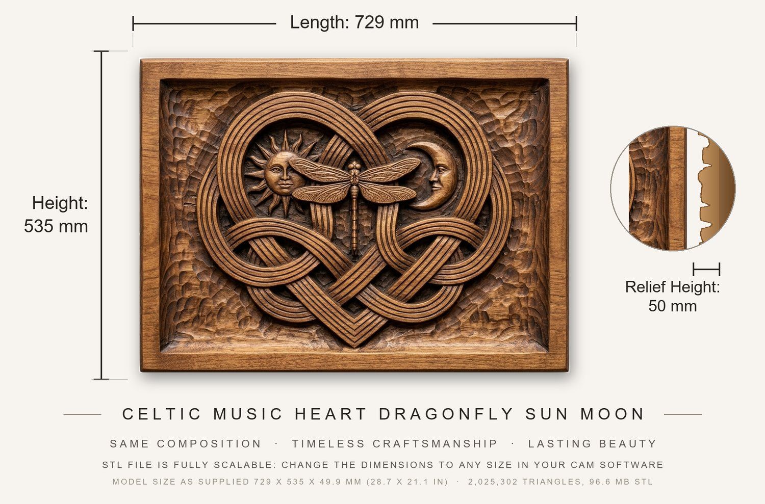 Celtic Music Heart Dragonfly Sun Moon CNC Relief STL bas-relief STL — view 3