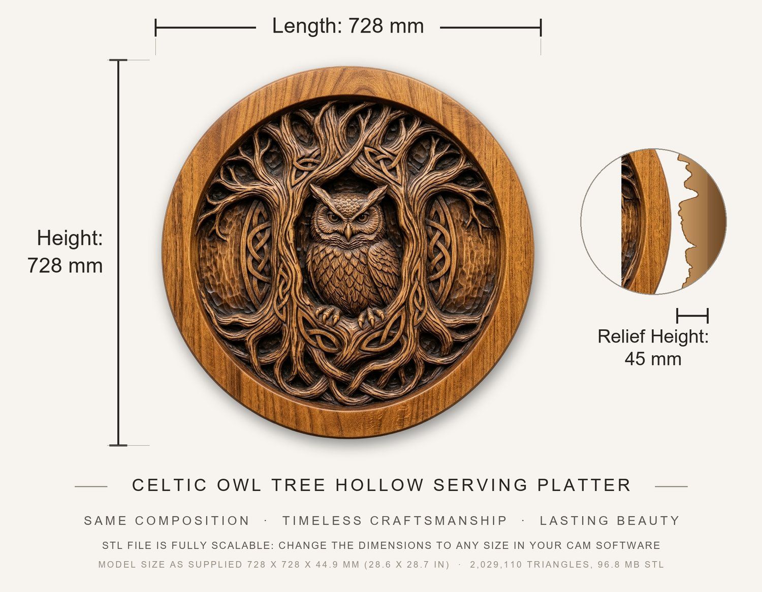 Celtic Owl Tree Hollow Serving Platter CNC Relief STL bas-relief STL — view 3