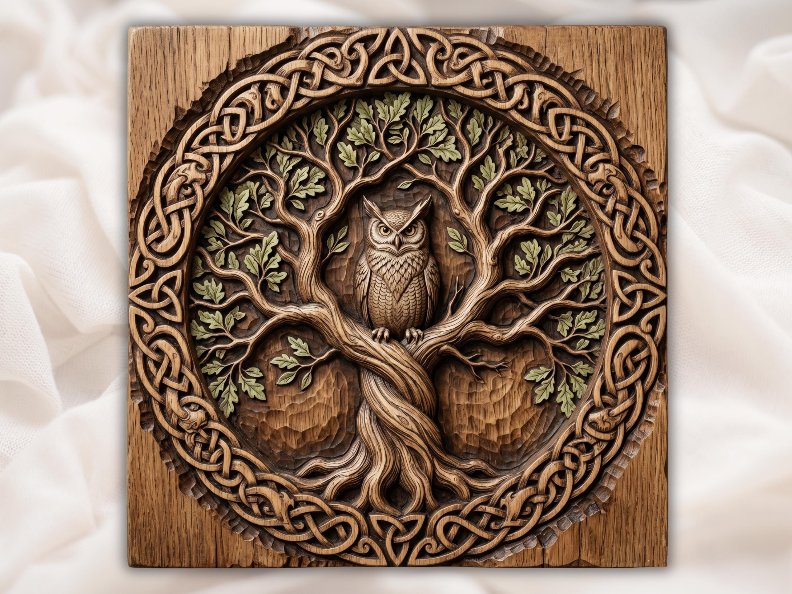 Carved wood relief of a horned owl in an oak Tree of Life framed by a Celtic knotwork border