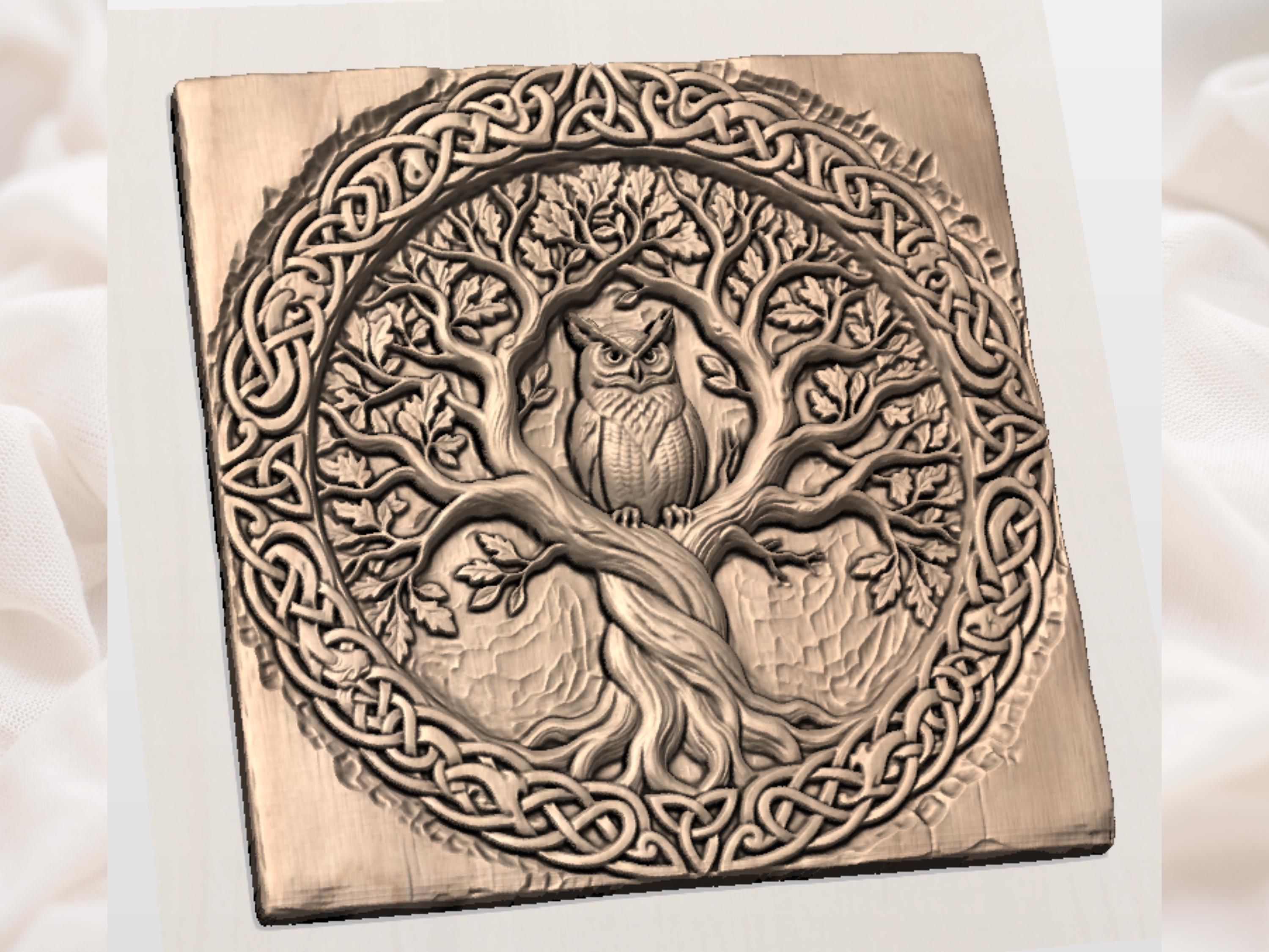 Celtic Owl in Oak Tree of Life Knotwork Relief Panel bas-relief STL — view 2