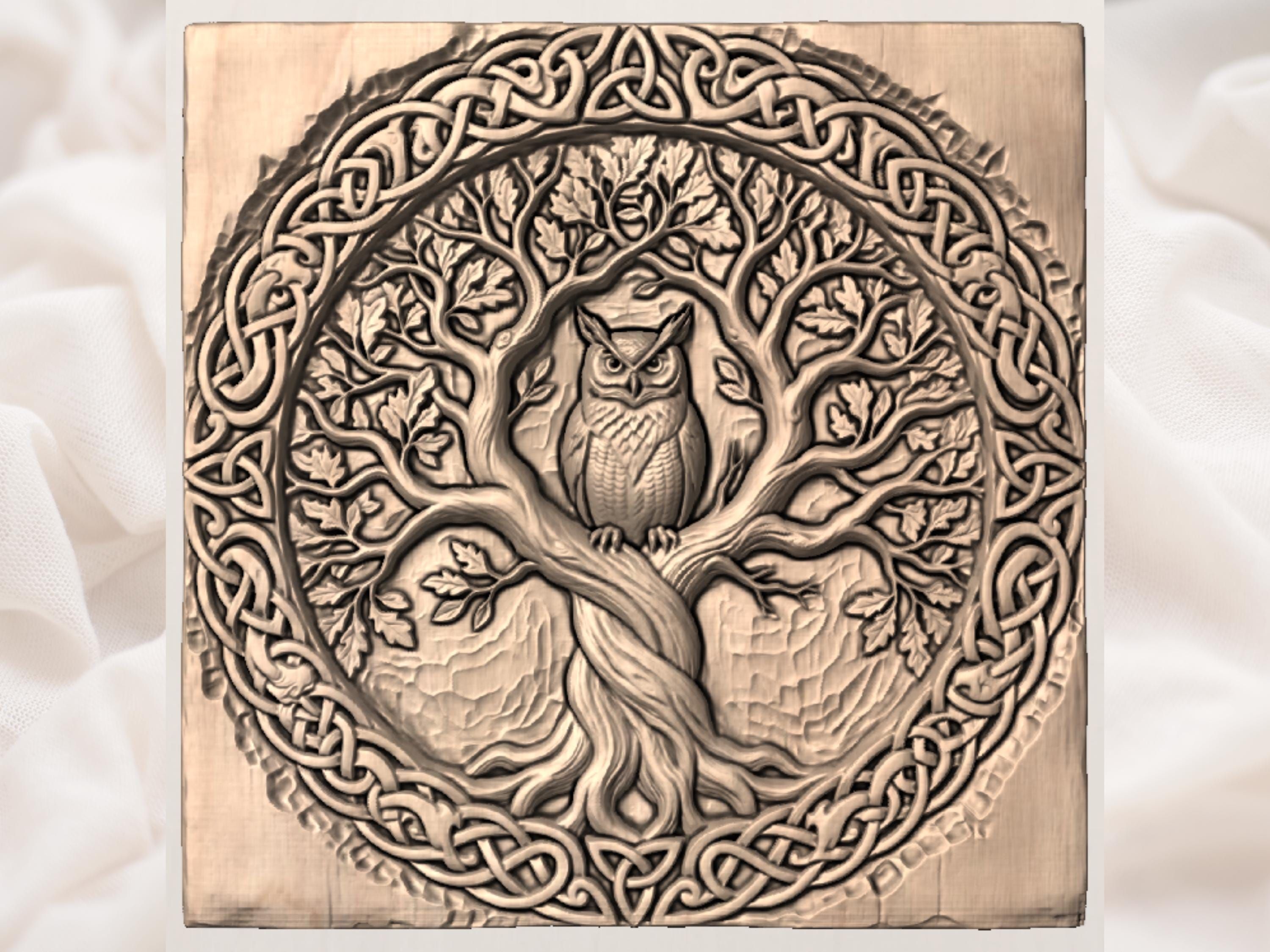 Celtic Owl in Oak Tree of Life Knotwork Relief Panel bas-relief STL — view 3