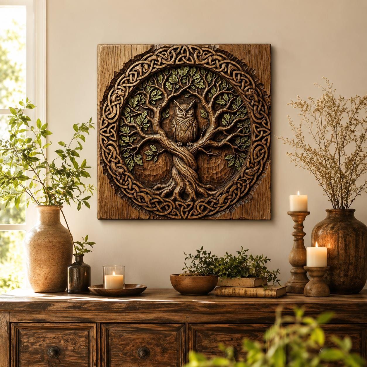 Celtic Owl in Oak Tree of Life Knotwork Relief Panel bas-relief STL — view 4